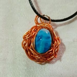 Handmade copper wired blue glass bead necklace pendant charm statement jewelry